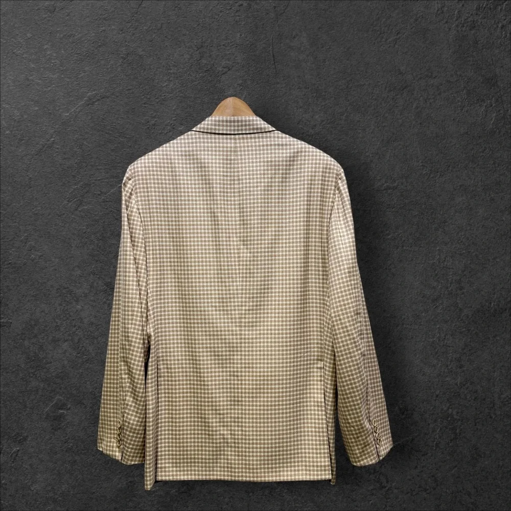 Kiton Napoli 100% Cashmere Gingham Sport Coat Blazer Tan White Mens 52‎ IT 42 US